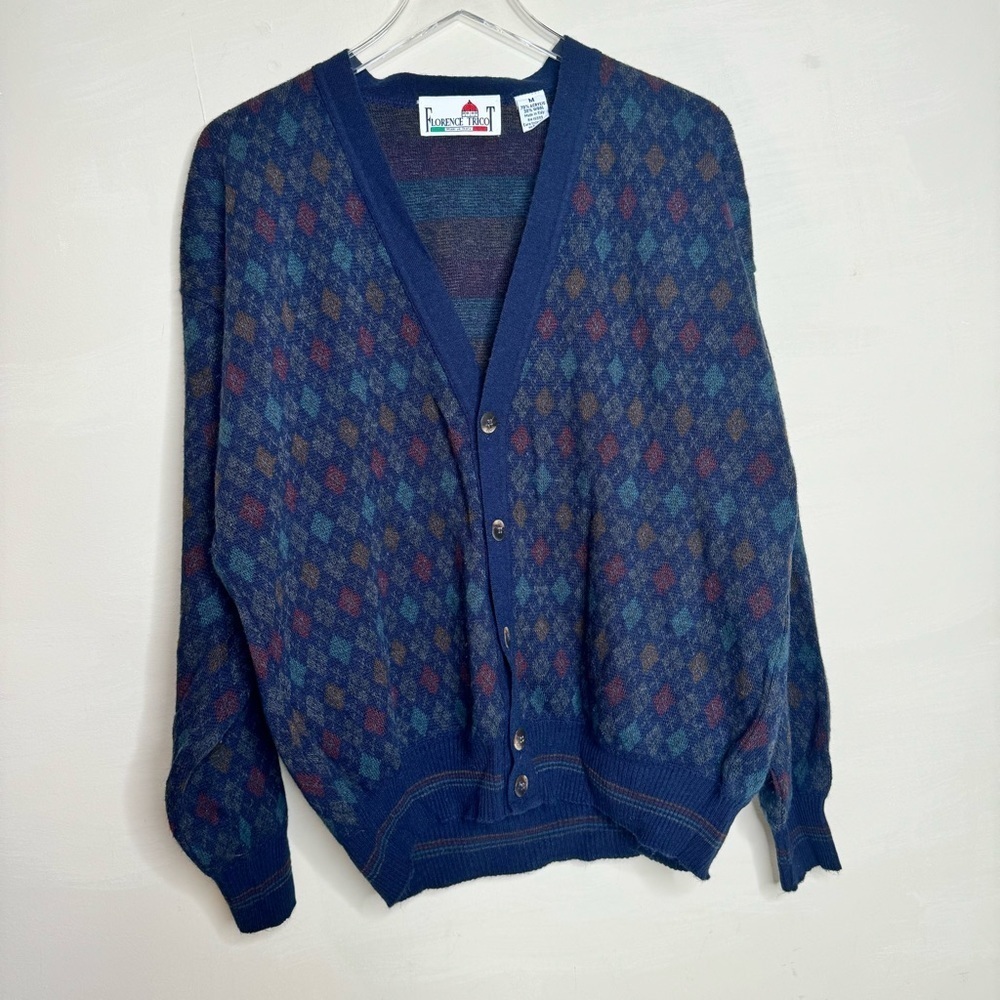 FLORENCE TRICOT ITALY Stretch Wool Blend Buttoned Plaid Cardigan